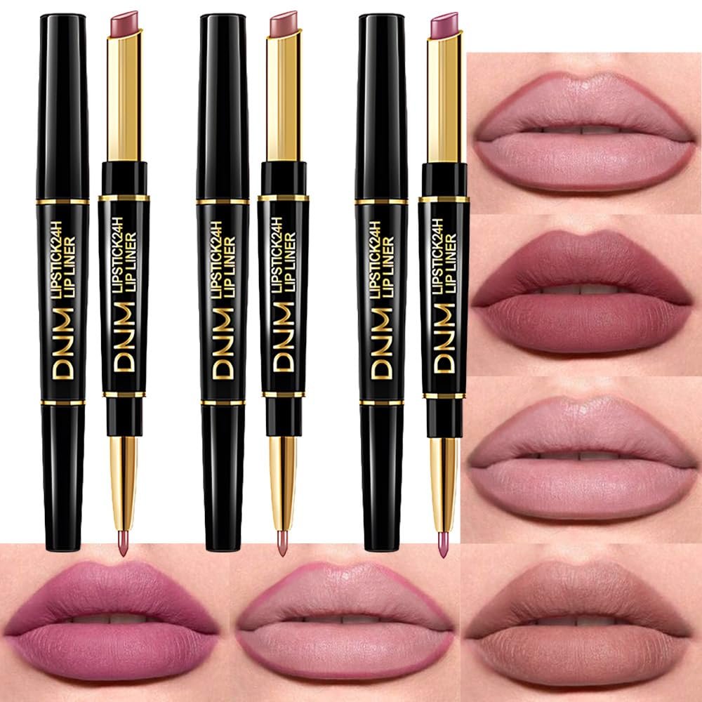 BINGBRUSH 3Pcs Double Ended Light Mauve Red Nude Beige Matte Lip Liner and Lipstick Makeup Combo Set for Women,Plum Rose Lipliner 24 Hours Original Waterproof Long Lasting Lip Stains Pencil Kit Set