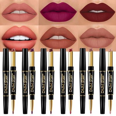 BINGBRUSH 6Pcs Double Ended Rose Wine Nude Brown Plum Purple Red Matte Lip Liner and Lipstick Makeup Combo Set for Women,Lipliner 24 Hours Original Waterproof Long Lasting Lip Stains Pencil Kit Set