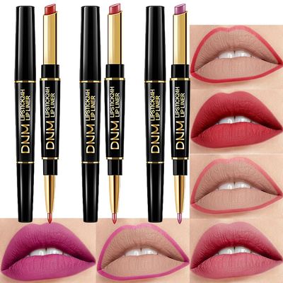 BINGBRUSH 3Pcs Double Ended Light Red Purple Matte Lip Liner and Lipstick Makeup Combo Set for Women,Lipliner 24 Hours Original Waterproof Long Lasting Lip Stains Pencil Kit Set