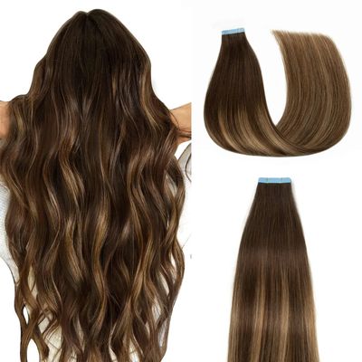 AGMITY Human Hair Extensions Tape in 18 inches 20pcs 50g/pack Chocolate Brown Mixed Honey Blonde Weft Skin Invisible Thick Hair Tape in Extensions(18 inches #T4-P27-4)