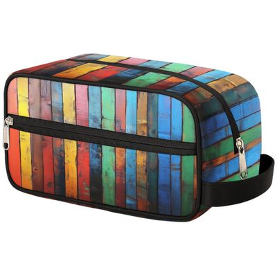 Ourtheme Travel Toiletry Bag for Women Men, Vintage Colorful Wooden Foldable Dopp Kit Water Resistant Shaving Bag for Toiletries Cosmetics Traveling Organizer