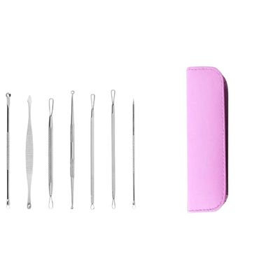 7-in-1 Stainless Steel Blackhead Removal Set, 7-Piece Storage Bag, Blackhead Remover; Skin Care Tools Facial Acne/Pimple Popper kit (7pcs/Set with Pink case)