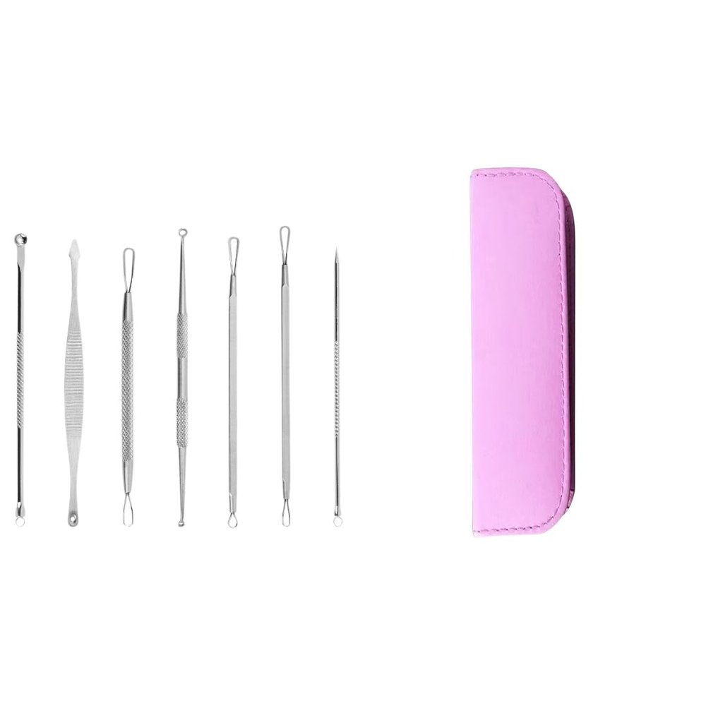 7-in-1 Stainless Steel Blackhead Removal Set, 7-Piece Storage Bag, Blackhead Remover; Skin Care Tools Facial Acne/Pimple Popper kit (7pcs/Set with Pink case)