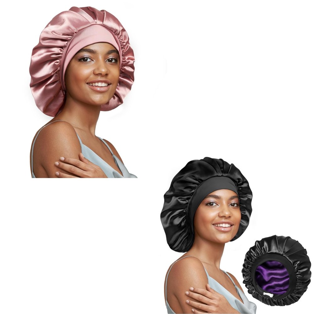2 Pack 22 Momme 100% Real Mulberry Silk Bonnet for Sleeping Women Pink and Black + Purple