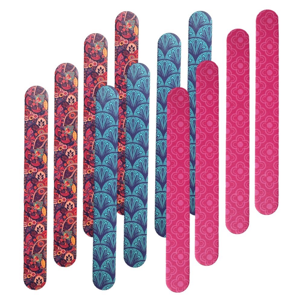 12 Nail File Emery Boards Dual Sided Buffer Nail Filing Tools Smoothing Manicure Pedicure TSA Travel Friendly Professional DIY Fashionable Design Pink Blue Purple