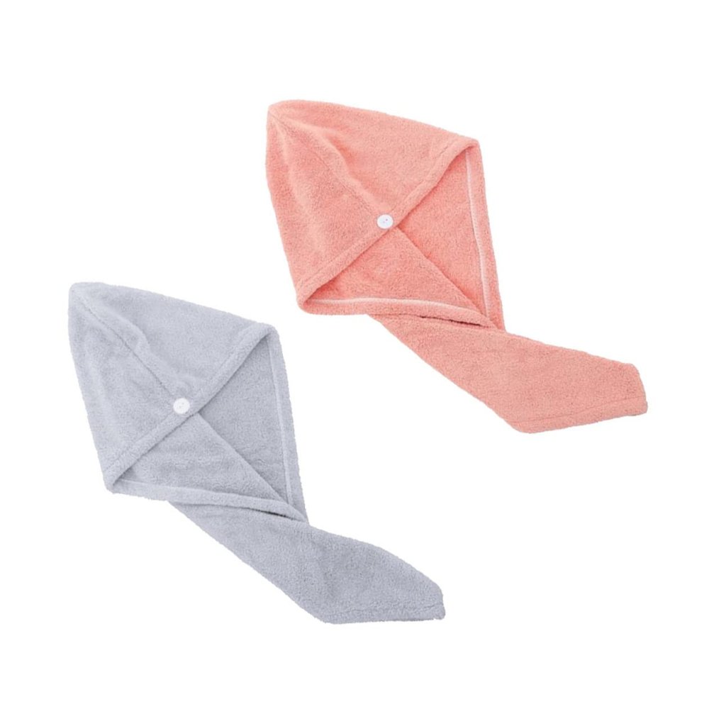 Baluue 2pcs Super Absorbent Hair Towel Wraps for Women Quick-Dry Coral Fleece Drying Turbans Pink Grey Convenient Button Design for Effortless Use