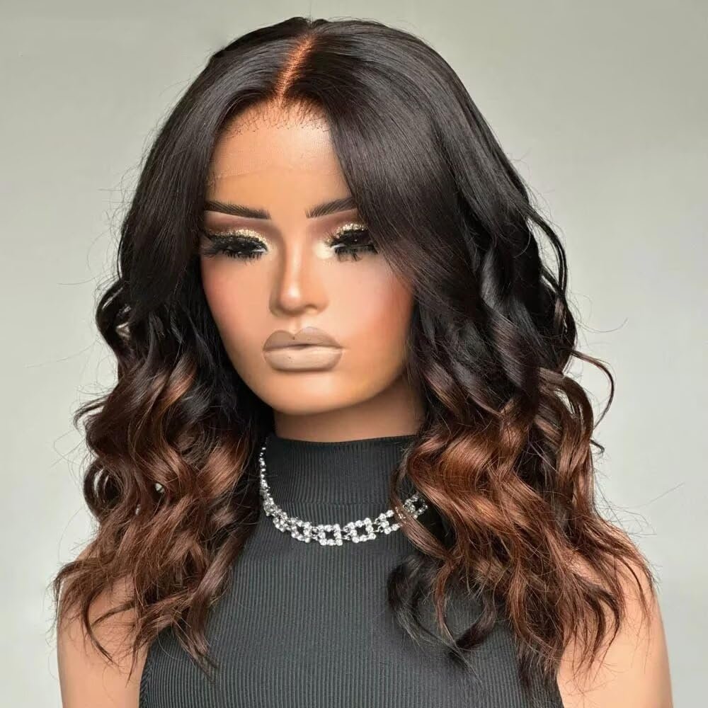 Ombre Brown Shoulder Length Human Hair Bob Wigs for Women Short Wavy 13x4 HD Transparent Lace Front Wig Pre Plucked Soft Natural Wave Human Hair Glueless Wig Natural Hairline 150% Density 12Inch