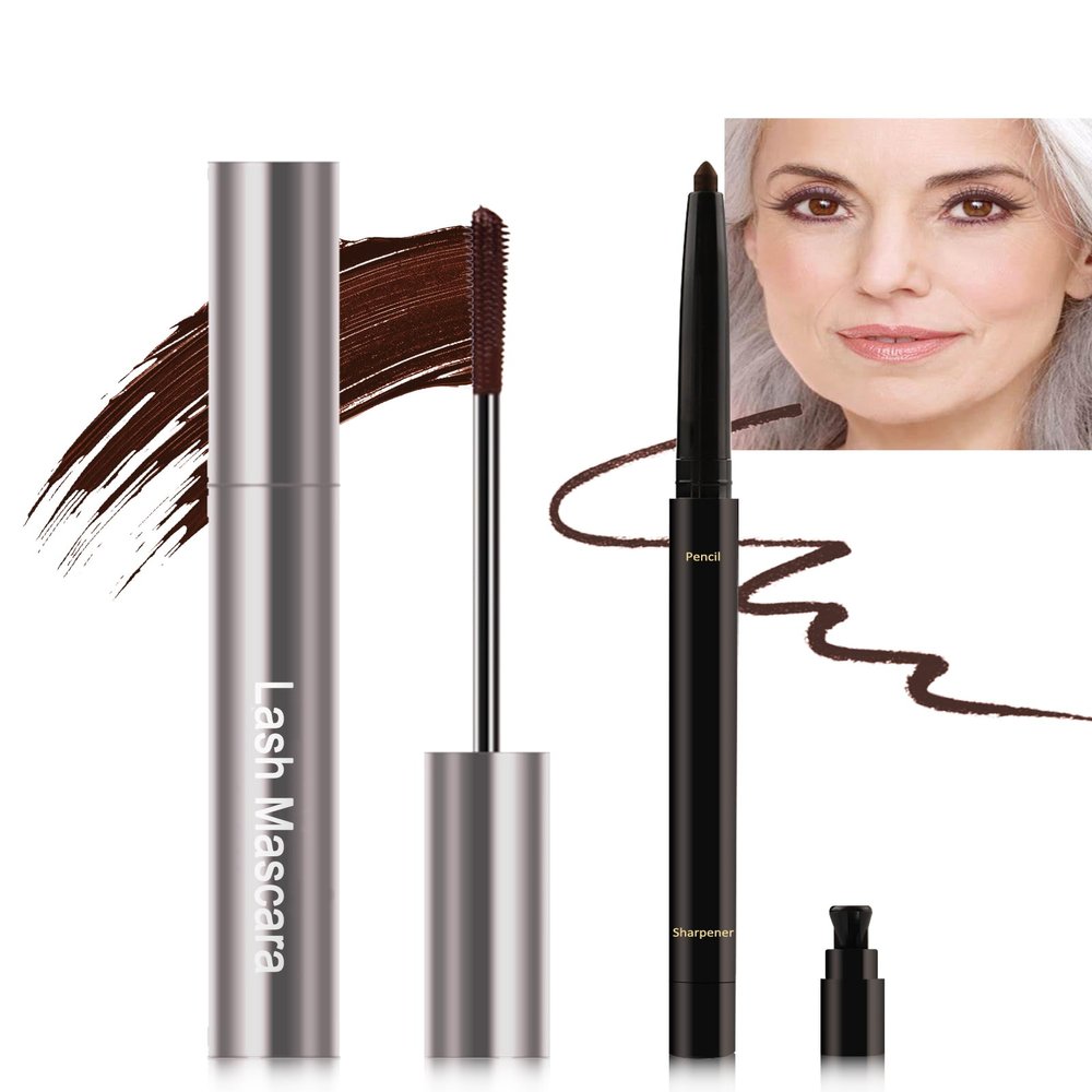 Brown Mascara & Eyeliner Set for Older Women 60 Plus, Tube Mascara Volume and Length, Cream Waterline Eyeliner Gel Pencil, for Thinning Lashes, Sensitive Eyes, Waterproof Smudge Proof Long Lasting