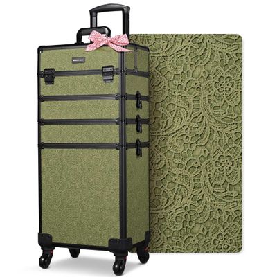 BYOOTIQUE 4in1 Cosmetology Cases on Wheels Rolling Makeup Organizer Cart Professional Nail Tech Storage Hairdressing Brush Bags for Nail Artist Beauty Barber Salon Hairstylist,Rococo Moss