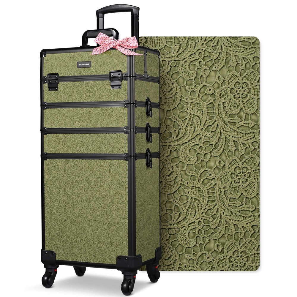 BYOOTIQUE 4in1 Cosmetology Cases on Wheels Rolling Makeup Organizer Cart Professional Nail Tech Storage Hairdressing Brush Bags for Nail Artist Beauty Barber Salon Hairstylist,Rococo Moss