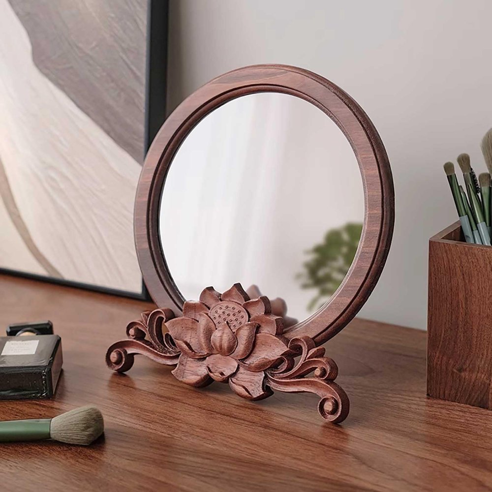 Bcofo Vanity Mirror Circle Mirror Round Mirror Decorative Mirror with Bracket Retro Flower Carving Table Mirror for Make-up Dressing Table Bedroom and Living Room
