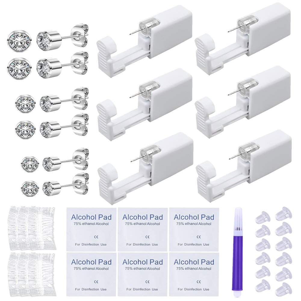 VitaCool Disposable Ear Piercing Kit Ear Cartilage Piercing Gun Kit with Silver Round CZ Studs Easy and Safe Self for Own Use at Home(Silver Round CZ Pattern 432mm)