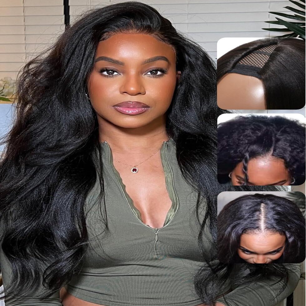 UNICE EasiContour V Part Wigs Human Hair Kinky Straight Glueless Clip in Vpart Wig Magic Leave Out Upgrade U Part Human Hair Wigs Ready to Go Wig Beginner Friendly 150% Density 22 inch