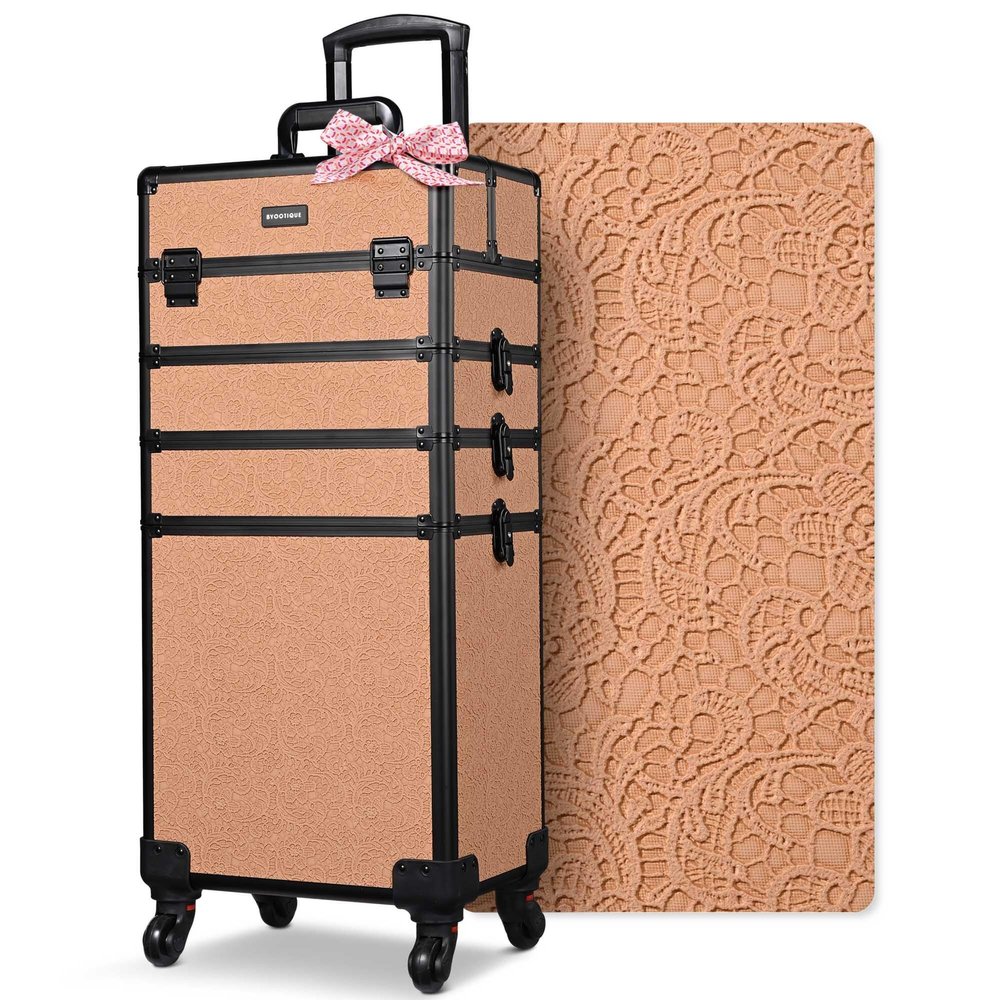 BYOOTIQUE 4in1 Cosmetology Rolling Case Nail Tech Storage Cart Makeup Torrley Travel Barber Suitcase False Eyelash Storage for Beauty Studio Nail Salon Wedding Make up Attist Manicurist,Rococo Coral