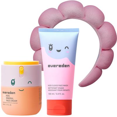 Evereden Kids Happy Morning Duo with Spa Headband for Girls: Clean & Vegan Skin Care for Kids | Kids Skin Care Cloud Face Wash + SPF 20 Mineral Face Cream | Non-Toxic | Easy-to-Use Skincare