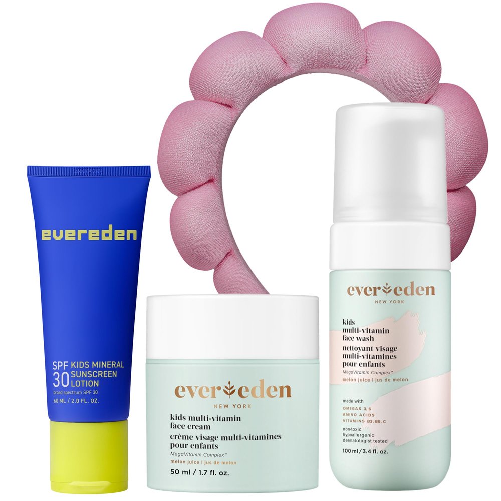 Evereden Kids Skincare Bundle: 1-2-3 Routine with Multi-Vitamin Face Wash, Cream, SPF 30 & Spa Headband Gentle, Nourishing Skincare & Fun Hair Management for Kids Perfect for Daily Care