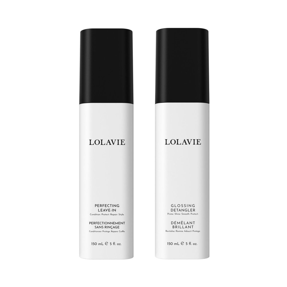 LolaVie Jen's Glossy Perfection Set - Includes Glossing Detangler (5 oz) & Perfecting Leave-In Conditioner (5 oz) - 450-Degree Heat Protectant - Vegan, Cruelty Free, Color Safe - All Hair Types