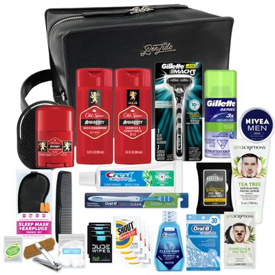 Convenience Kits International Mens Super Premium 30 PC Travel Kit Featuring: Travel-Size Hair Care Products Plus Face, Body, Oral Care, Travel Essentials in Large Leather Toiletry Bag