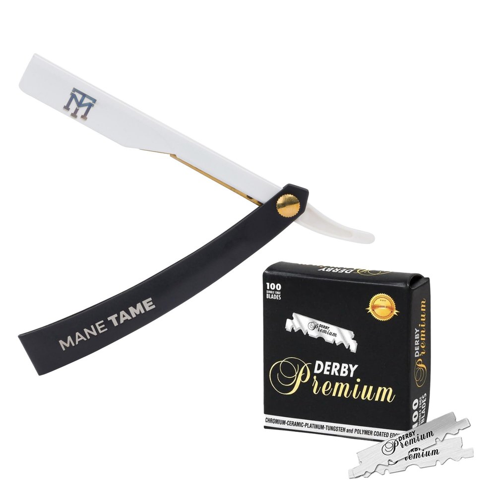 Mane Tame Professional Men's Grooming Straight Edge Professional Barbers Razor & 100 Darby Premium Blades Black and White