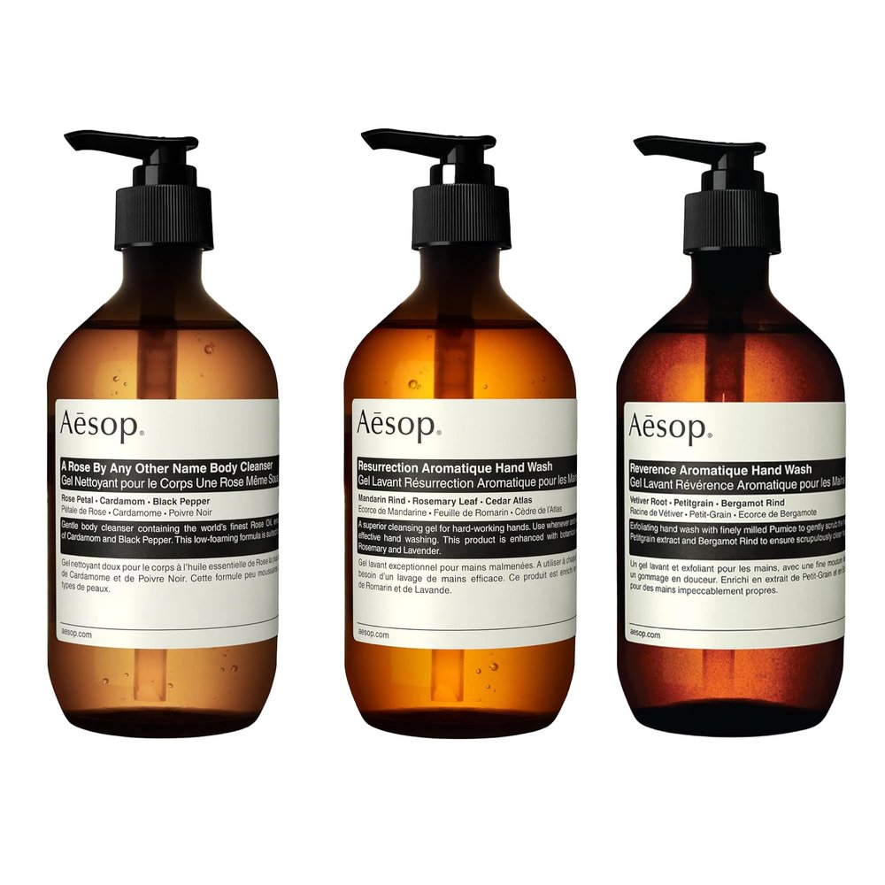 Aesop Hand + Body Wash Set | Resurrection Hand Wash + Reverence Hand Wash (16.9 oz each) + A Rose By Any Other Name Body Cleanser (16.9 oz) | Set of 3