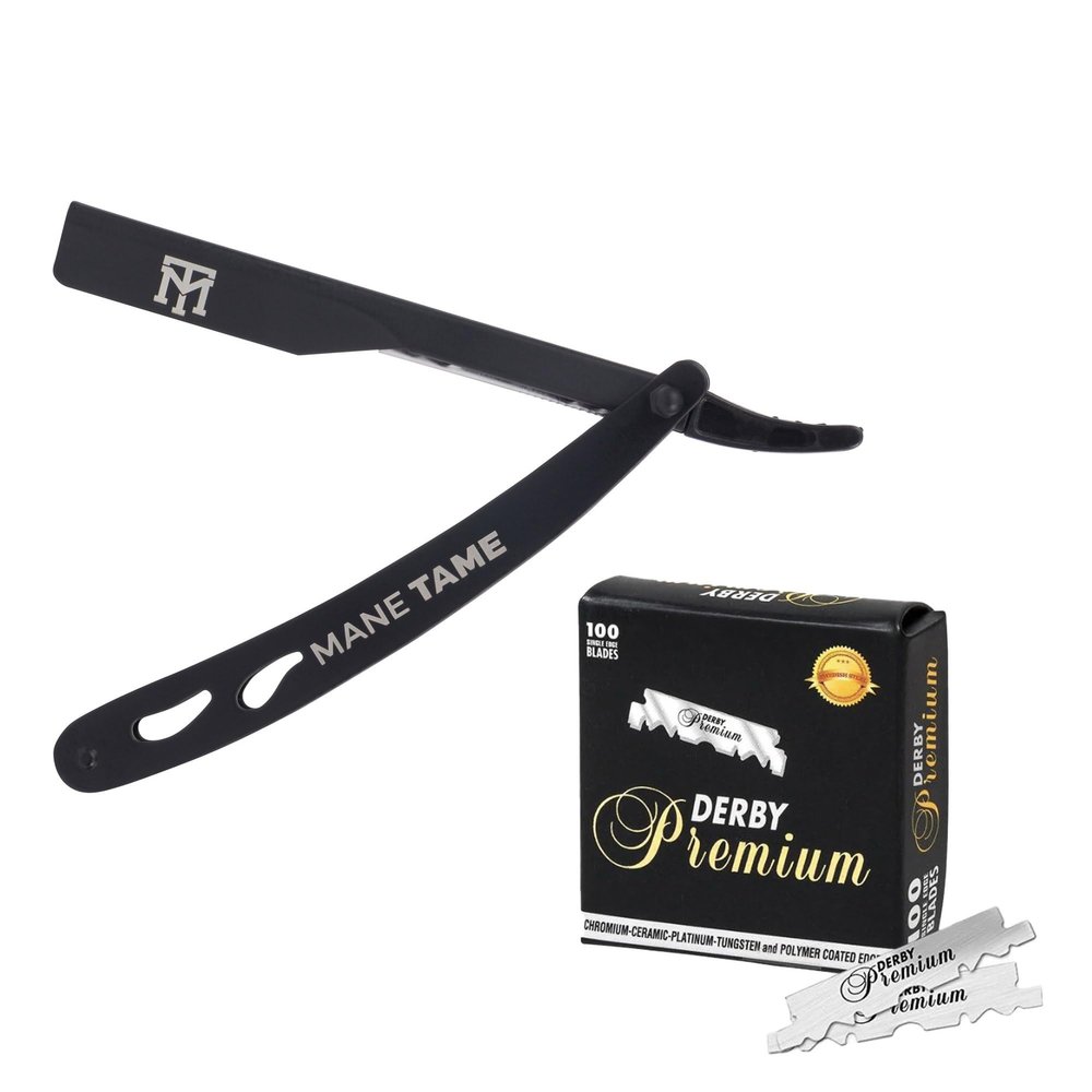 Mane Tame Professional Men's Grooming Straight Edge Professional Barbers Razor & 100 Darby Premium Blades  Black