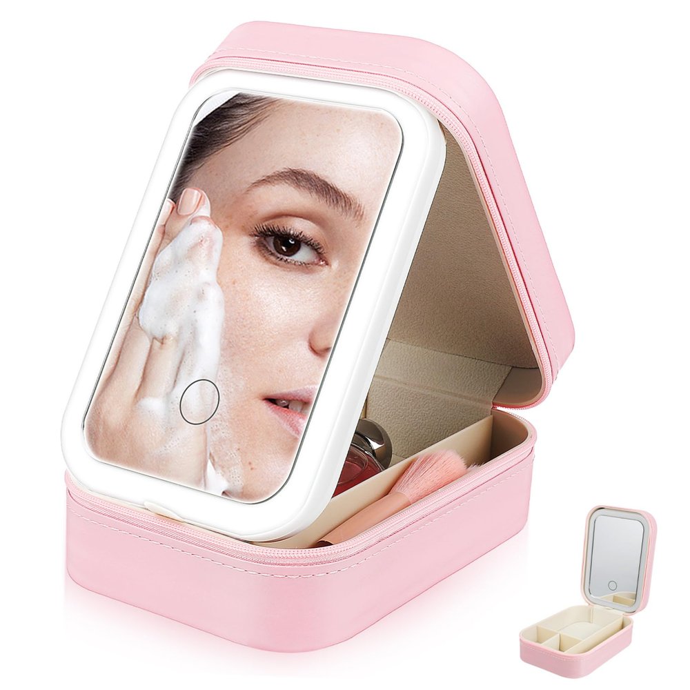 FOMIYES Travel Makeup Organizer with Lighted Mirror Adjustable Brightness Compact Design for Women Portable Makeup Case for Easy Application and Protection