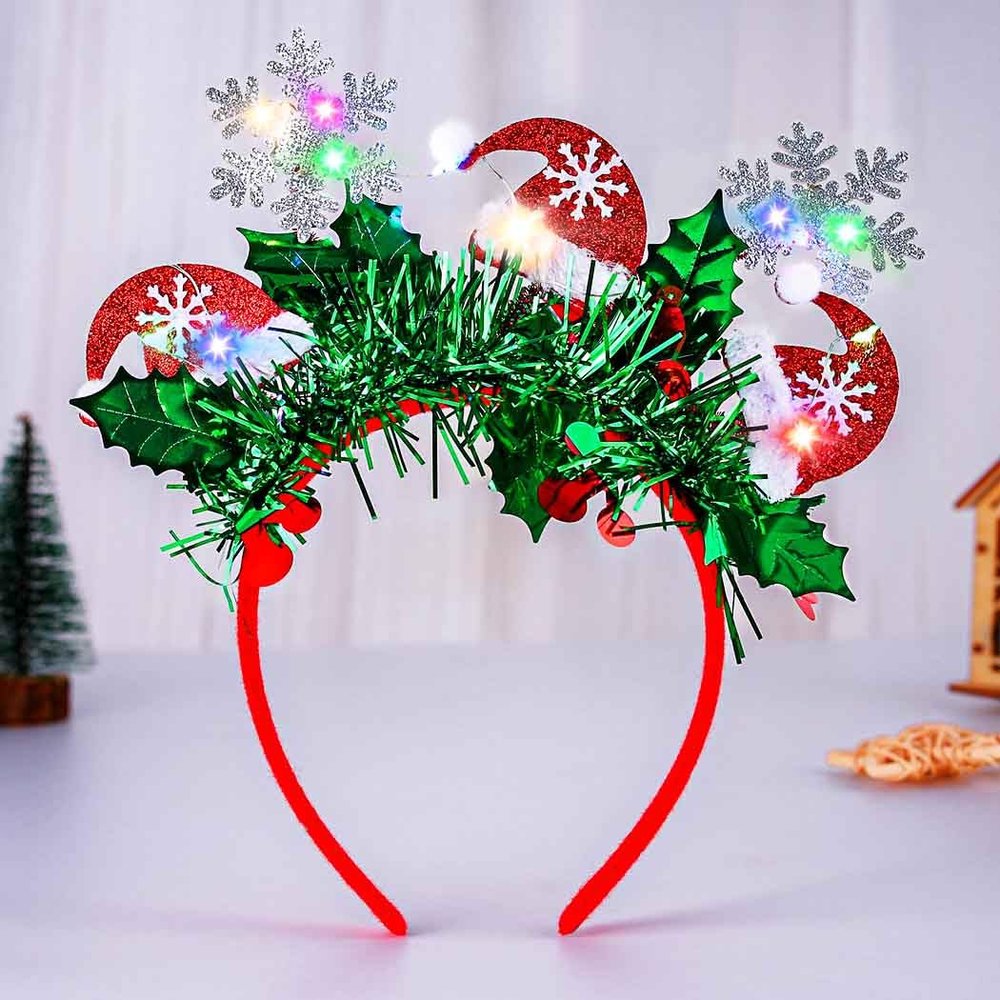 Sinalty Light up Christmas Snowflake Headbands LED Xmas Red Hat Hairbands Glitter Green Festival Headpiece for Women and Girls (Red)