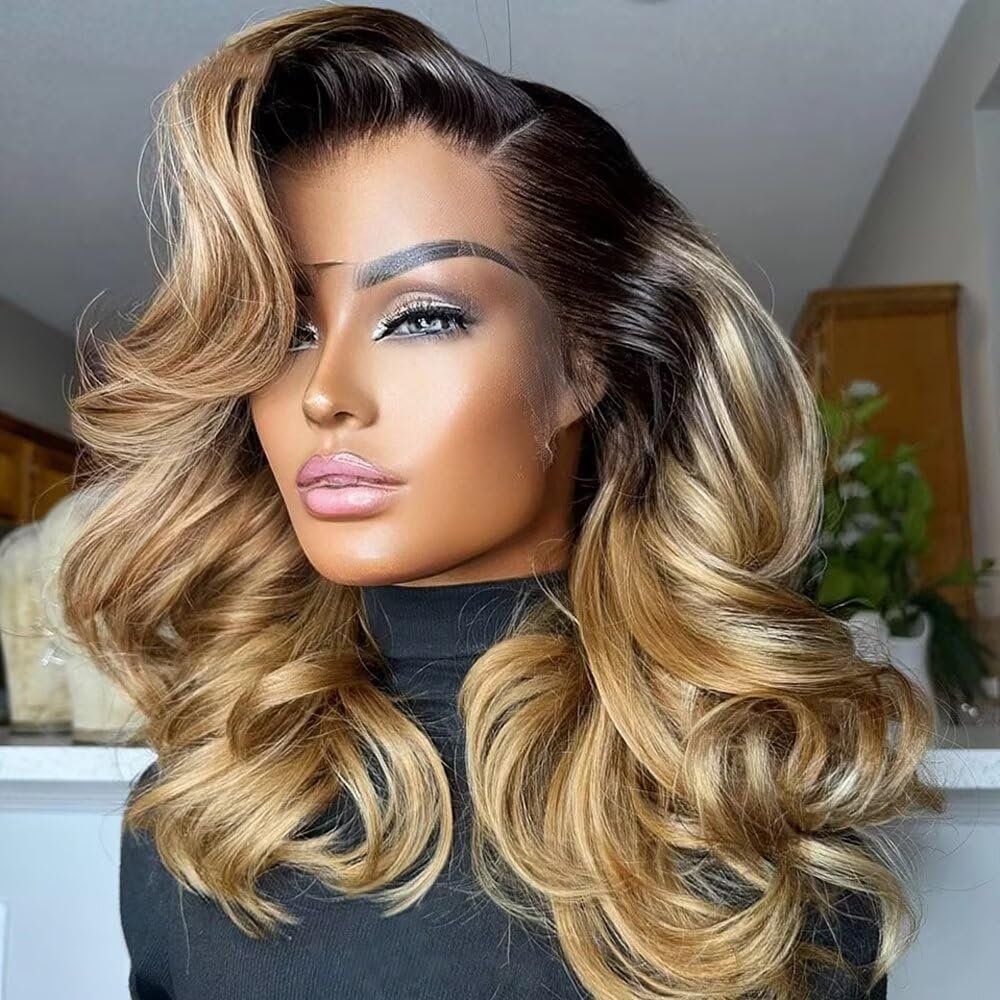 1B27 Ombre Honey Blonde Short Bob Body Wave Wig Human Hair For Black Women 13x4 HD Transparent Lace Frontal Wig Pre Plucked Brazilian Remy Hair Natural Hairline Bob Wigs 150% Density 16Inch