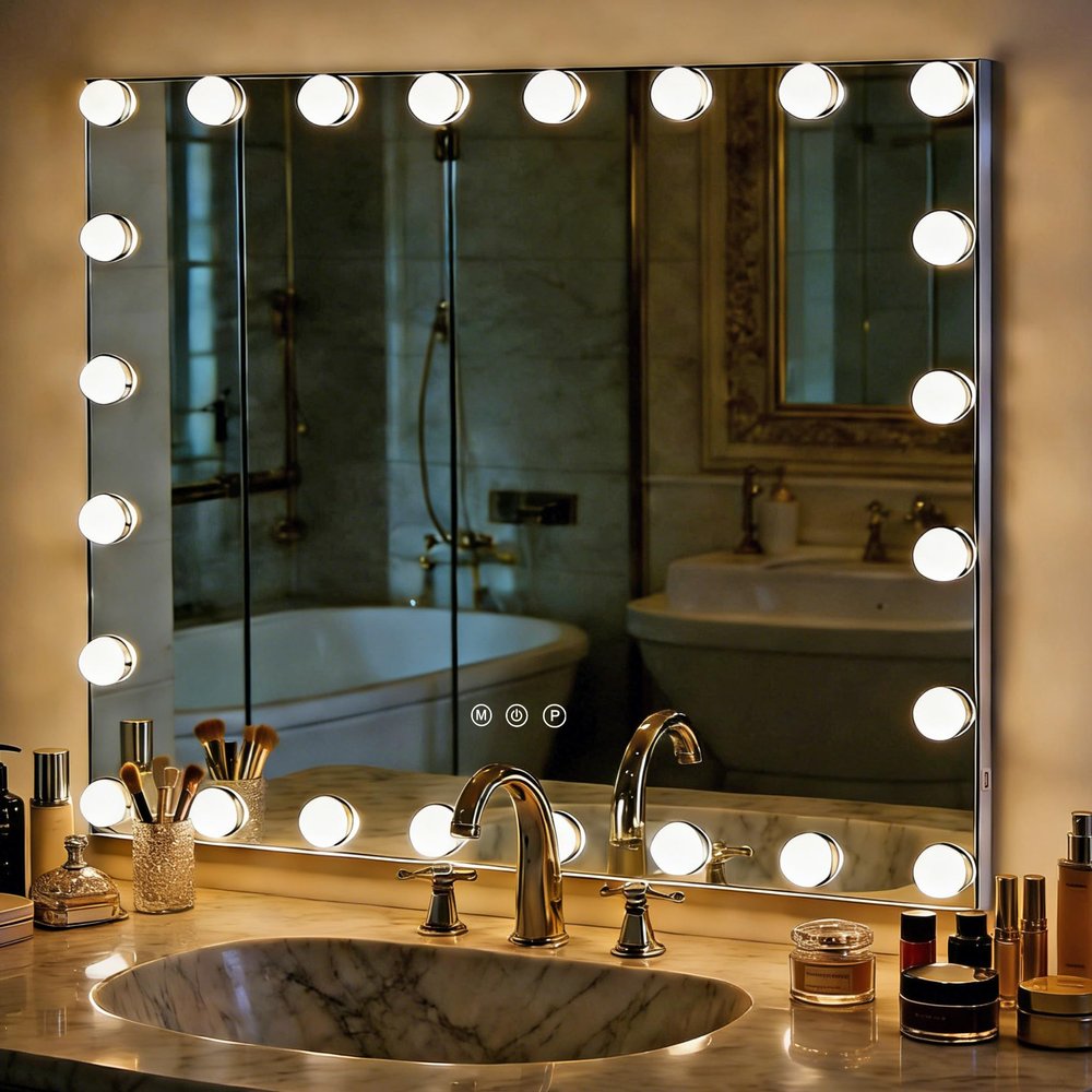 THEKLA 24 x 32 Inch Hollywood Light Vanity Mirror with 24 Bulbs Adjustable 3 Color Lights 32" Vanity Lighted Mirror for Bathroom Bedroom Wall Vanity Makeup Table Mirrors with Lights Base X10 Magnifier
