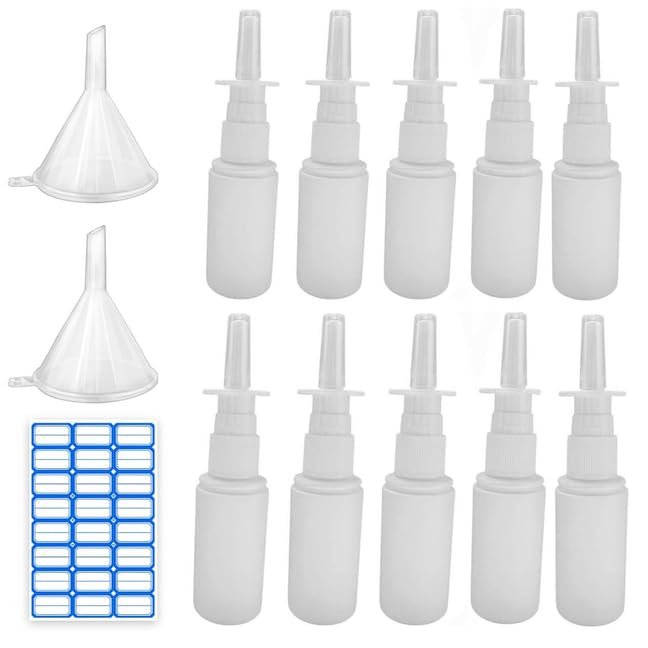 10Pcs 30ML/1oz Plastic Nasal Spray Bottle Mist Sprayer - Empty Refillable Pump Sprayer Fine Mist Sprayers Atomizers with Funnels and Labels