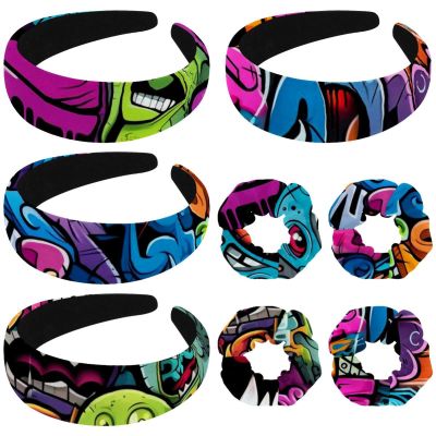 IEDHFNGDBFV 4 PCS Dental Scribble Headbands and Scrunchie for Women, Polyester Wide Headbands Hair Band Fashion Non-Slip Hair Hoop for Women Girls Hair Accessories