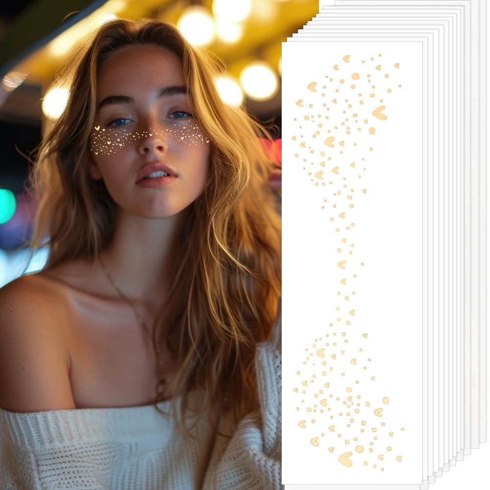 10 Sheets Face Tattoo, Glitter Speckles Patches, Gold Sparkle Freckles, Face Makeup Patches - (Gold Style 3)
