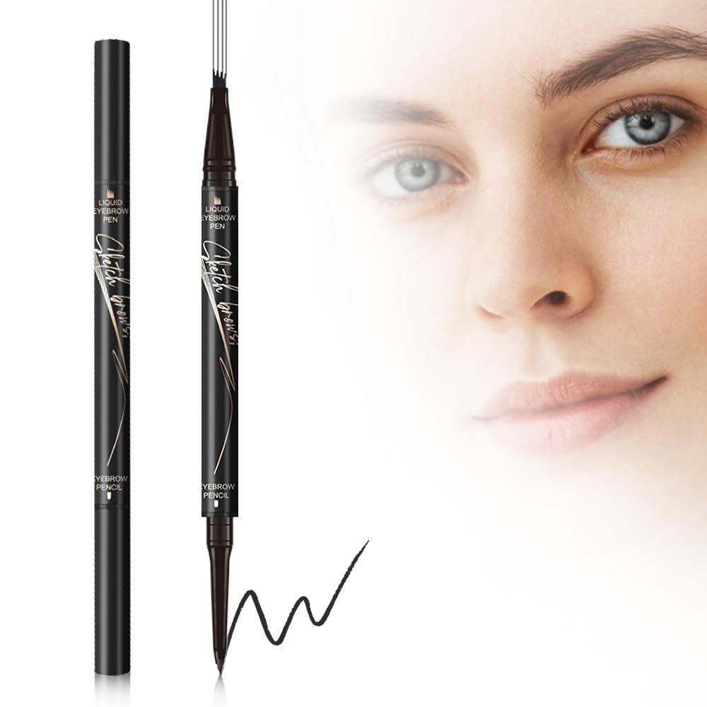 2PCS Microblading Eyebrow Pen, 2024 New 2 in 1 Dual Ended Eyebrow Pencils, Waterproof 3D Microblading 4 Fork Tip Eyebrow Pencil, Magic Eyebrow Pencil 4 Fork Tip for Natural (Black)