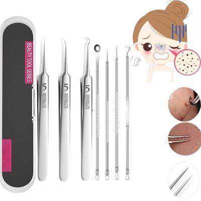 Usiveinborn Blackhead Remover, Usiveinborn Tweezers, Teppeic Tweezers, Usiveinbor Pimple Popper Tool Kit, Stainless Steel Professional Facial Blackhead Remover Tweezers,125  Elbow Design (7PCS)