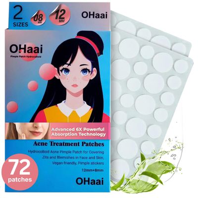 OHaai Invisible Hydrocolloid Pimple Patches for Face  Triple Action Acne Protection, Makeup Cover, 6X Advanced Absorption Technology, Waterproof & Sweatproof, Travel-Friendly (2 Sizes, 72 Count)