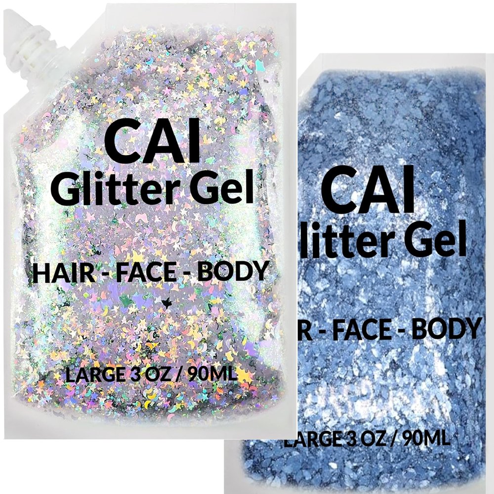 Face, Body & Hair Glitter Gel  Halloween Glitter for Kids and Women  3 Oz Cosmetic-Grade Gel w/Moon & Stars for Festivals & Halloween Party, Easy Apply & Wash Off - Blue/Silver 2Pack