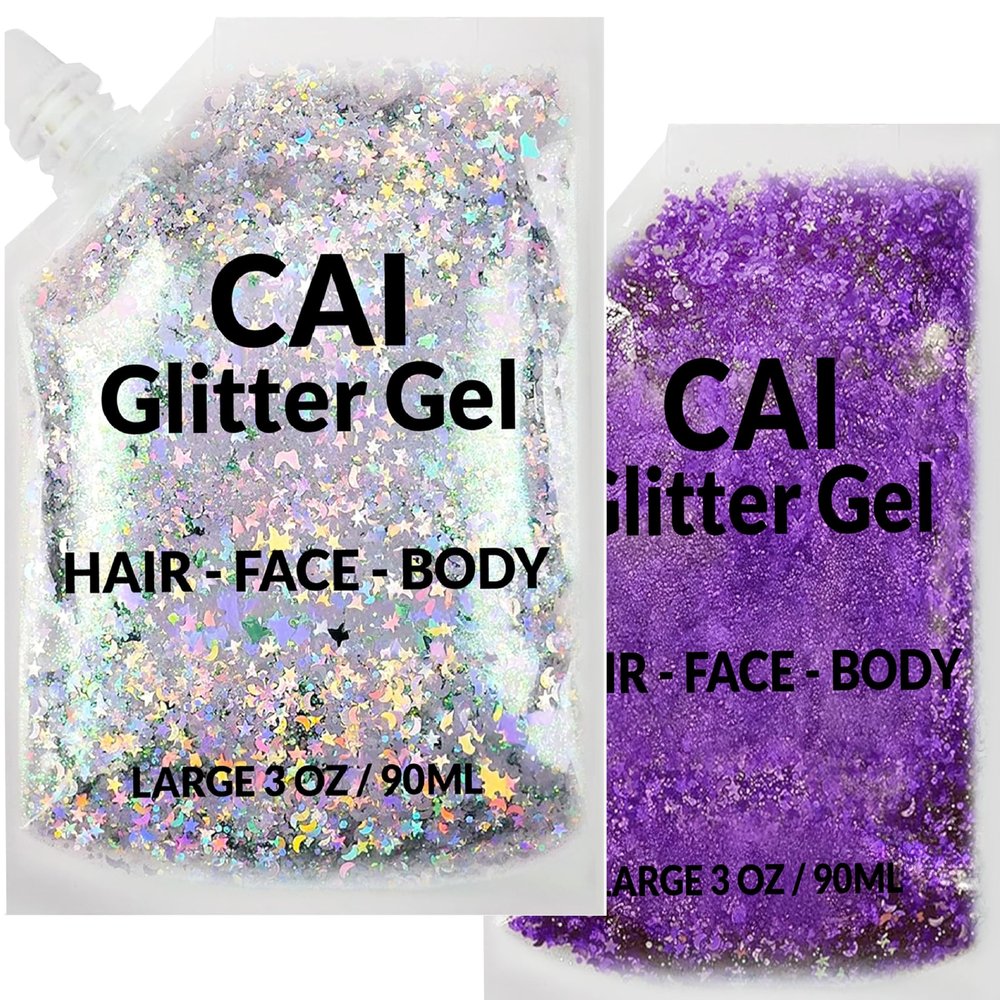 Face, Body & Hair Glitter Gel  Halloween Glitter for Kids and Women  3 Oz Cosmetic-Grade Gel w/Moon & Stars for Festivals & Halloween Party, Easy Apply & Wash Off - Purple/Silver 2Pack