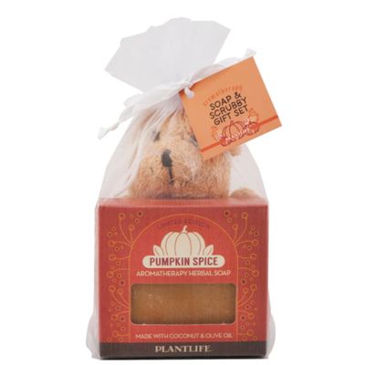 Plantlife Bear bath scrubby with a pumpkin spice soap set - gently natural ramie scrubby with soothing soap for your skin - kid tested with no removable parts