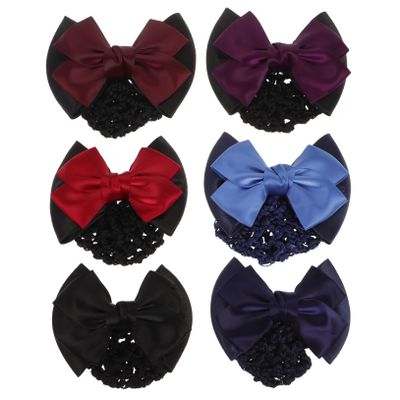 Baluue 6pcs Elegant Elastic Bun Bow Hair Snood Professional Office Headdress Hair Clips for Women Red Red Dark Purple Light Blue