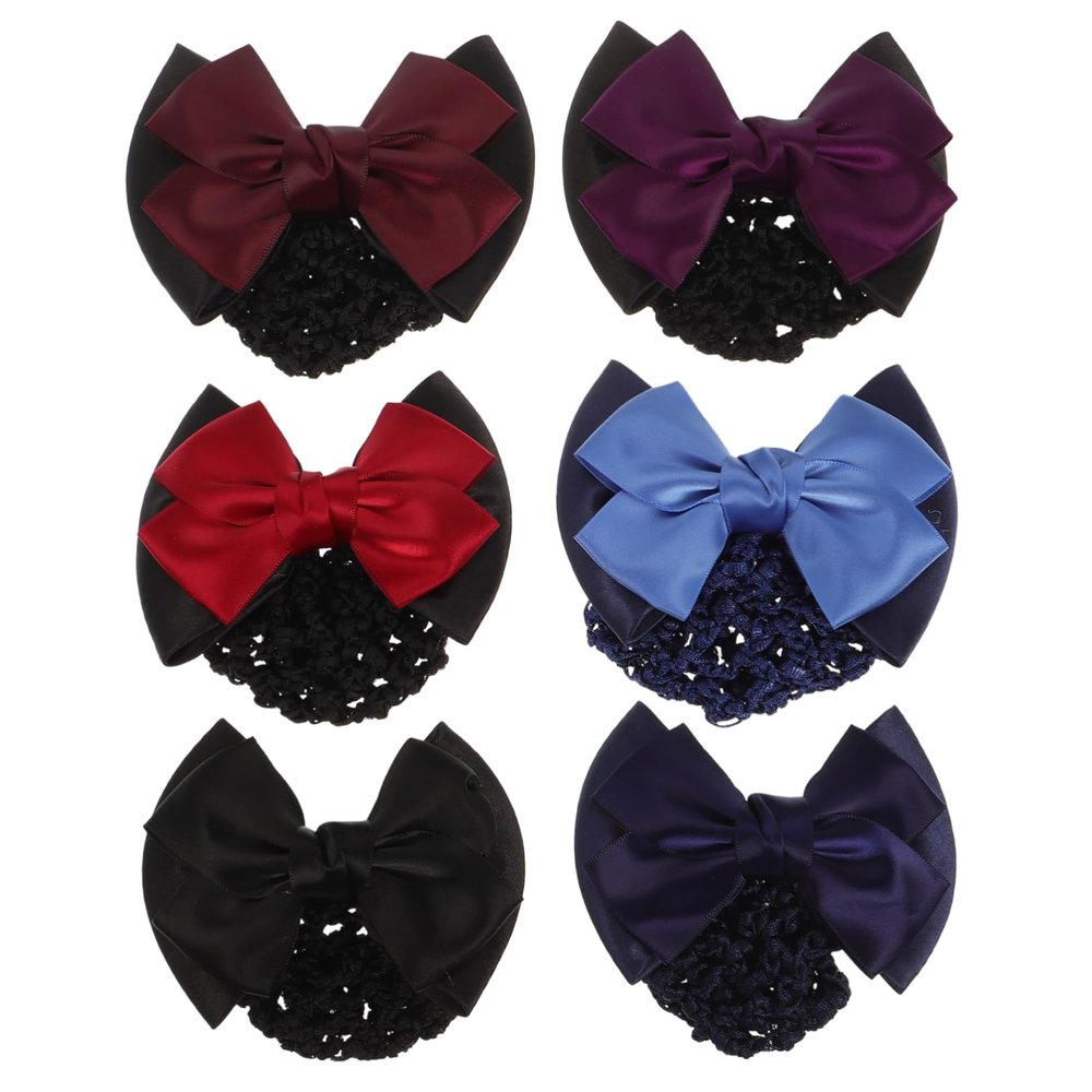 Baluue 6pcs Elegant Elastic Bun Bow Hair Snood Professional Office Headdress Hair Clips for Women Red Red Dark Purple Light Blue
