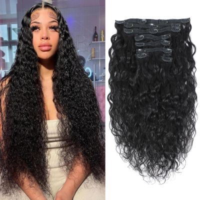 Clip in Hair Extensions Water Wave Natural Curl 100% Unprocessed Brazilian Human Hair Wavy Hair for Black Women (24")