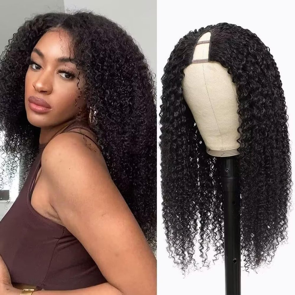 V Part Wig Human Hair No Leave Out Upgrade U Part Wig Human Hair for Women 150% Density Curly V Part Wig Kinky Curly Thin Part V Shape Wig No Glue No Sew Clip In Half Wig Natural Black Color 30 Inch