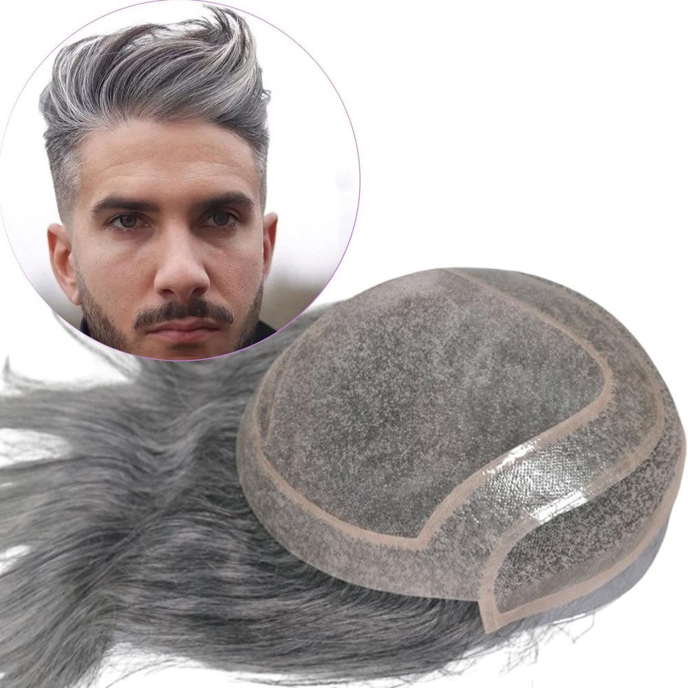 Vennsian Men's Toupee Hairpiece French Lace Front Hair System for Men 0.1mm PU Skin Base with Mono Lace 10x8 Inches Human Hair Replacement Systems 1B Black with 60% gray hair