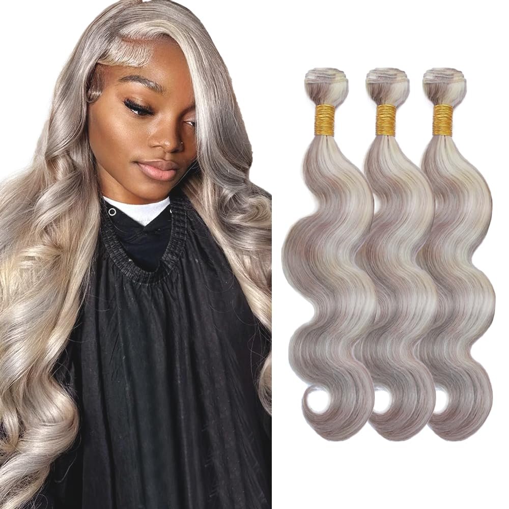 30 32 34 Inch Silver Bundle Human Hair Blonde Body Wave Bundles Two Tone Grey Mixed With 613 Blonde Human Hair Bundle Brazilian Virgin Hair 3 Bundles Highlight Hair Extensions