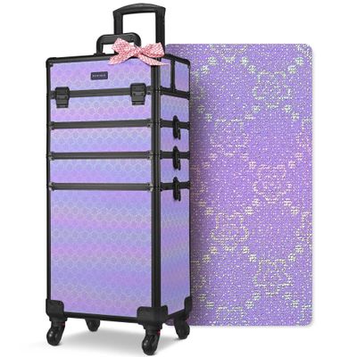 BYOOTIQUE 4in1 Makeup Rolling Case Nail Cart Organizer with Wheels False Eyelash Storage Hairdressing Brush Bags for Beauty Salon Hairstylist Barbershop,Charm ForgetMeNot