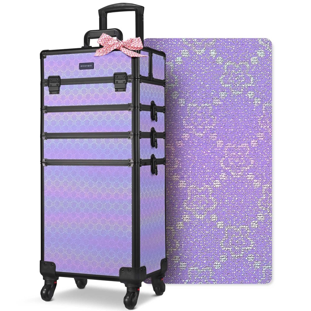 BYOOTIQUE 4in1 Makeup Rolling Case Nail Cart Organizer with Wheels False Eyelash Storage Hairdressing Brush Bags for Beauty Salon Hairstylist Barbershop,Charm ForgetMeNot