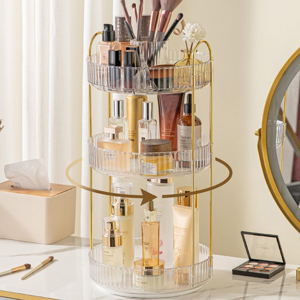 Aveniee 360 Rotating Makeup Organizer for Vanity, Perfume Skincare Bathroom Countertop Organizers, 3 Tier Spinning Skincare Storage with Brush Holder for Lipstick Cosmetic Lotion,White