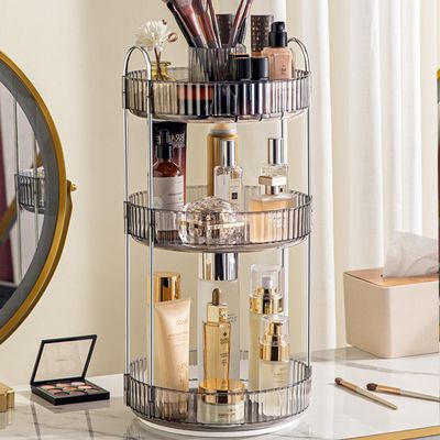 Aveniee 360 Rotating Makeup Organizer for Vanity, Upagraded Perfume Skincare Bathroom Counter Organizers with Brush Divider, 3 Tier Spinning Lipstick Cosmetic Lotion Storage,Grey