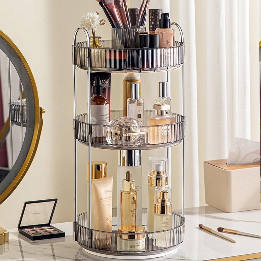 Aveniee 360 Rotating Makeup Organizer for Vanity, Upagraded Perfume Skincare Bathroom Counter Organizers with Brush Divider, 3 Tier Spinning Lipstick Cosmetic Lotion Storage,Grey