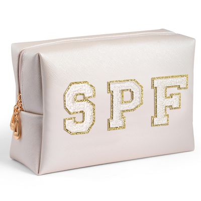 AsodSway Preppy Patch Cosmetic Bag - Christmas Gift White SPF Chenille Letter Makeup Bag, PU leather Travel Toiletry Kit Portable Waterproof Make Up Pouch Zipper Clutch, Gifts for Women Girls